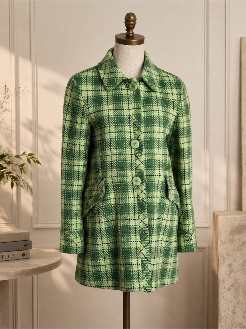 Vintage Mila Schon Green Plaid Wool Jacket Italian Tailored Jacket Size 44 US 6